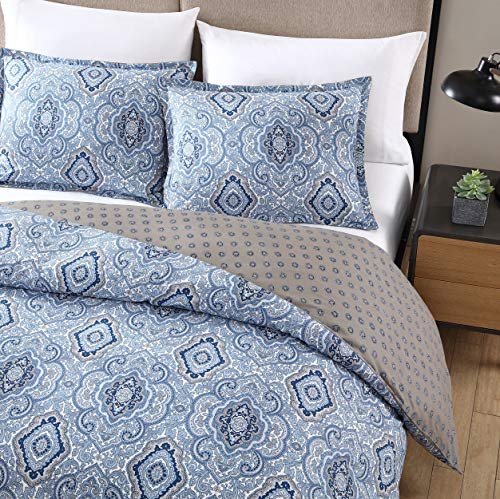 City Scene Duvet Cover Set Reversible Cotton Bedding with Matching Shams, All Season Home Decor, Twin, Milan Blue