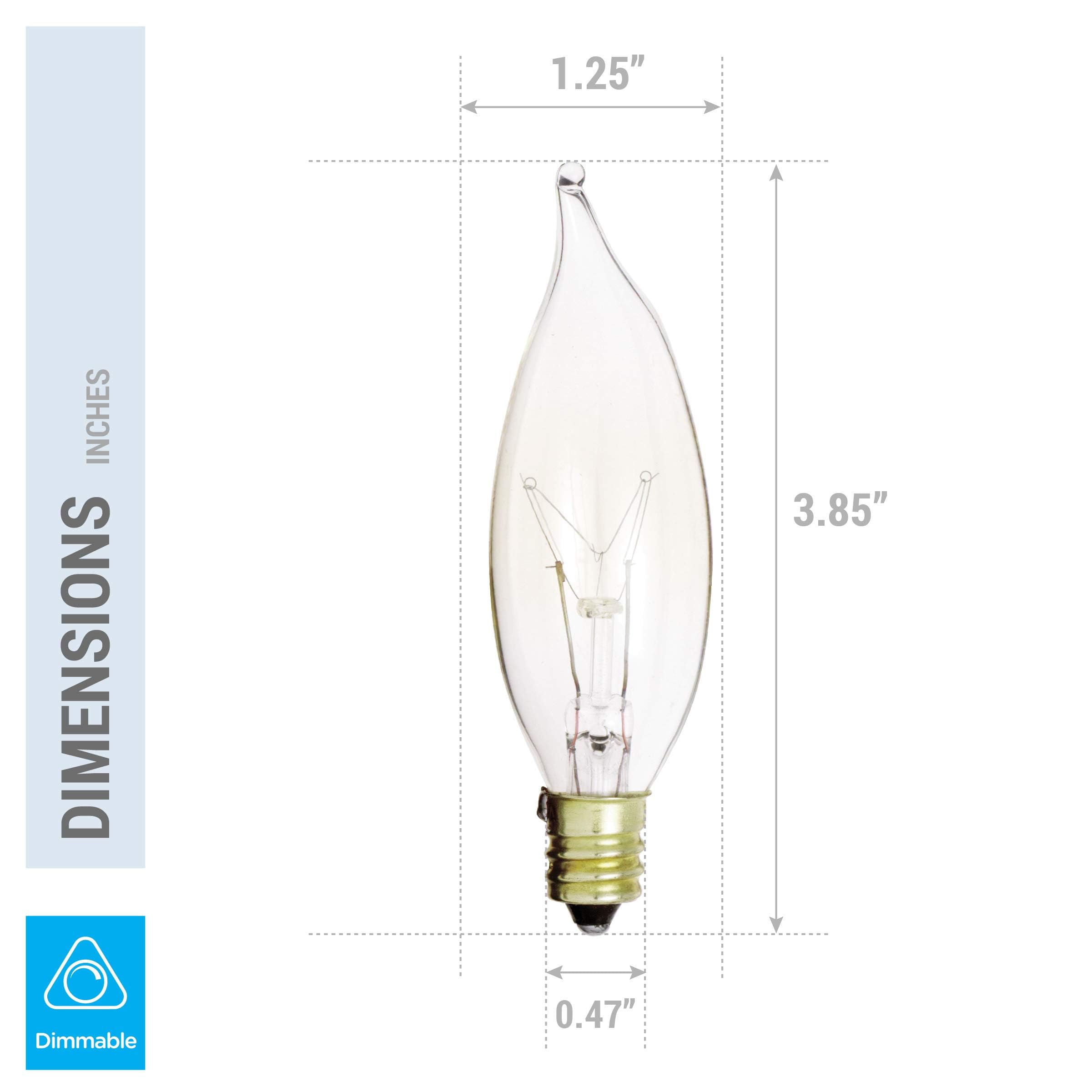 KOR (Pack of 12) 25-Watt Clear Candelabra Base (E12) Flame Tip 120V Decorative Dimmable 25W Chandelier Lights Bulbs