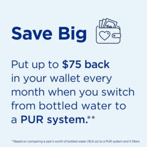 PUR PLUS Vertical Faucet Mount Water Filtration System with 3-in-1 Lead Reducing Filter for Great-Tasting Filtered Tap Water, Lasts 100 Gallons, Fits Most Kitchen or Bathroom Faucets, Stainless Steel