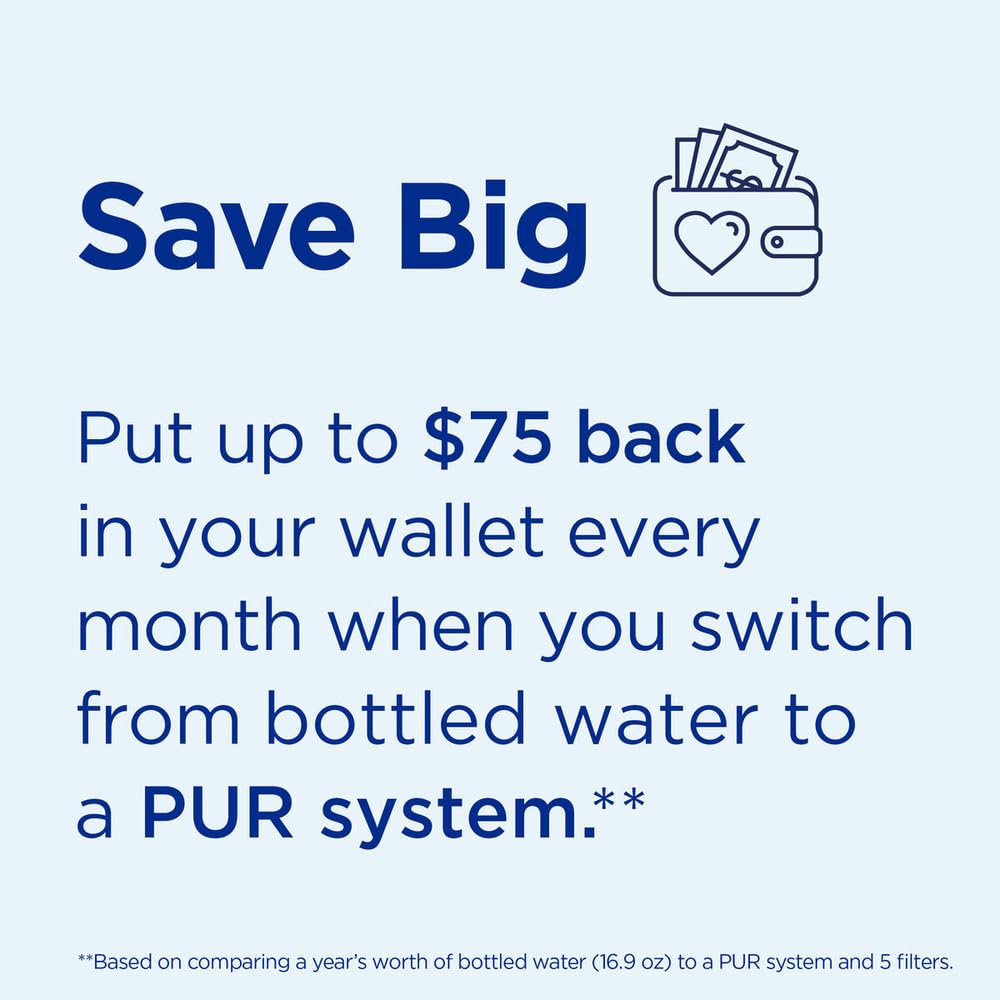 PUR PLUS Vertical Faucet Mount Water Filtration System with 3-in-1 Lead Reducing Filter for Great-Tasting Filtered Tap Water, Lasts 100 Gallons, Fits Most Kitchen or Bathroom Faucets, Stainless Steel