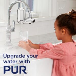 PUR PLUS Vertical Faucet Mount Water Filtration System with 3-in-1 Lead Reducing Filter for Great-Tasting Filtered Tap Water, Lasts 100 Gallons, Fits Most Kitchen or Bathroom Faucets, Stainless Steel