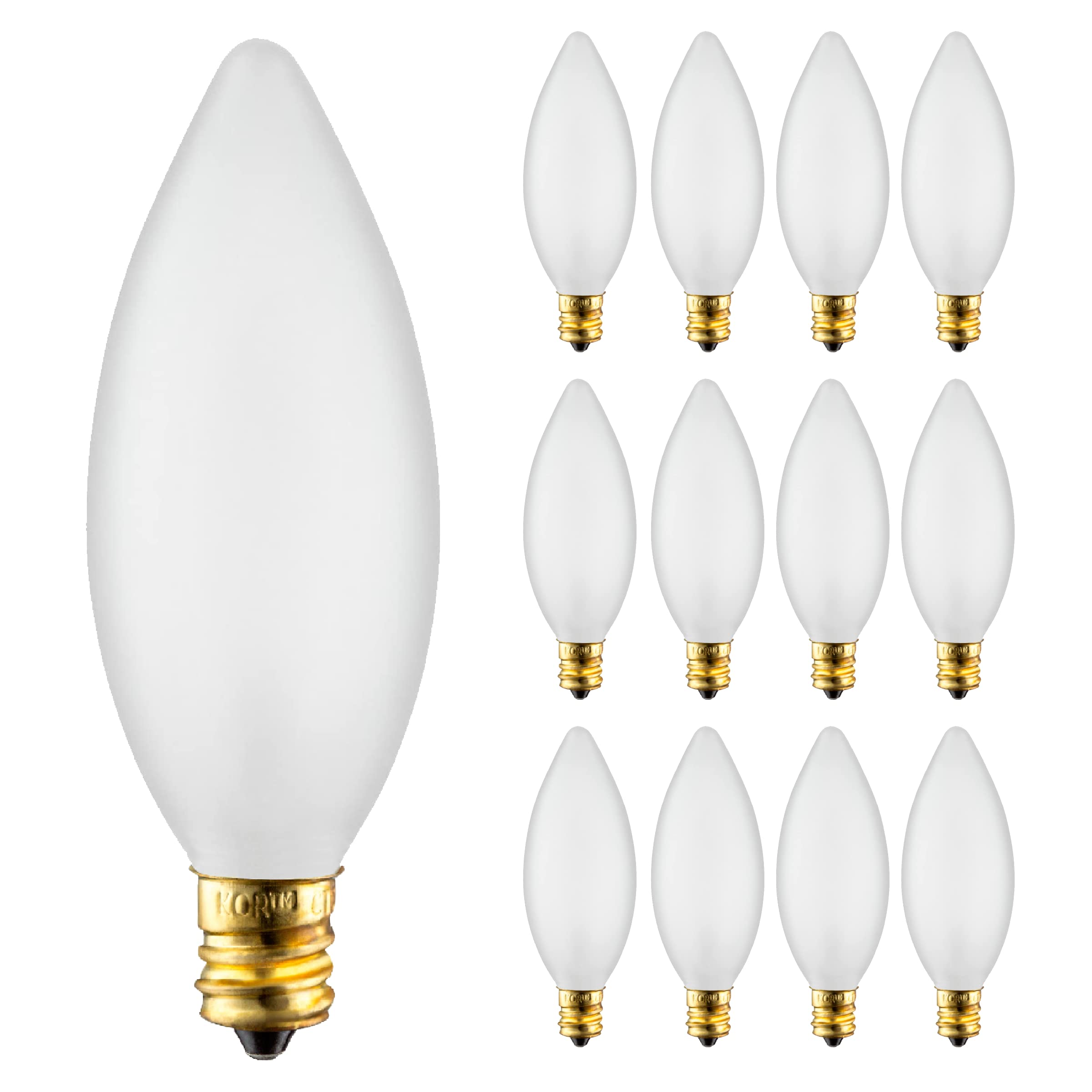 KOR (Pack of 12) 25 Watt Frosted Candelabra Base (E12) Torpedo Tip 120V Chandelier Bulbs