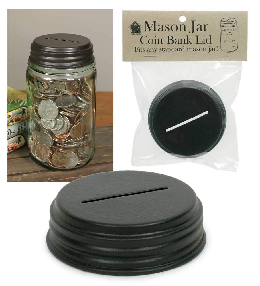 Colonial Tin Works Coin Bank Mason Jar Lid Kitchen Supplies, 3'' dia. x 1''H, Rustic Brown