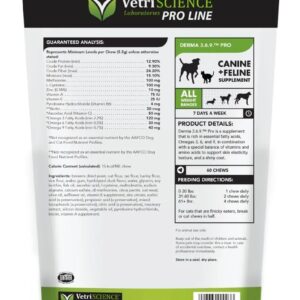 VetriScience Derma 3.6.9 Pro - Dog & Cat Skin Barrier Support Supplement - Aids Skin Hydration & Health - Supports Healthy Shedding for Cats & Dogs - Supplement Supports Healthy Coat - 60 Chews