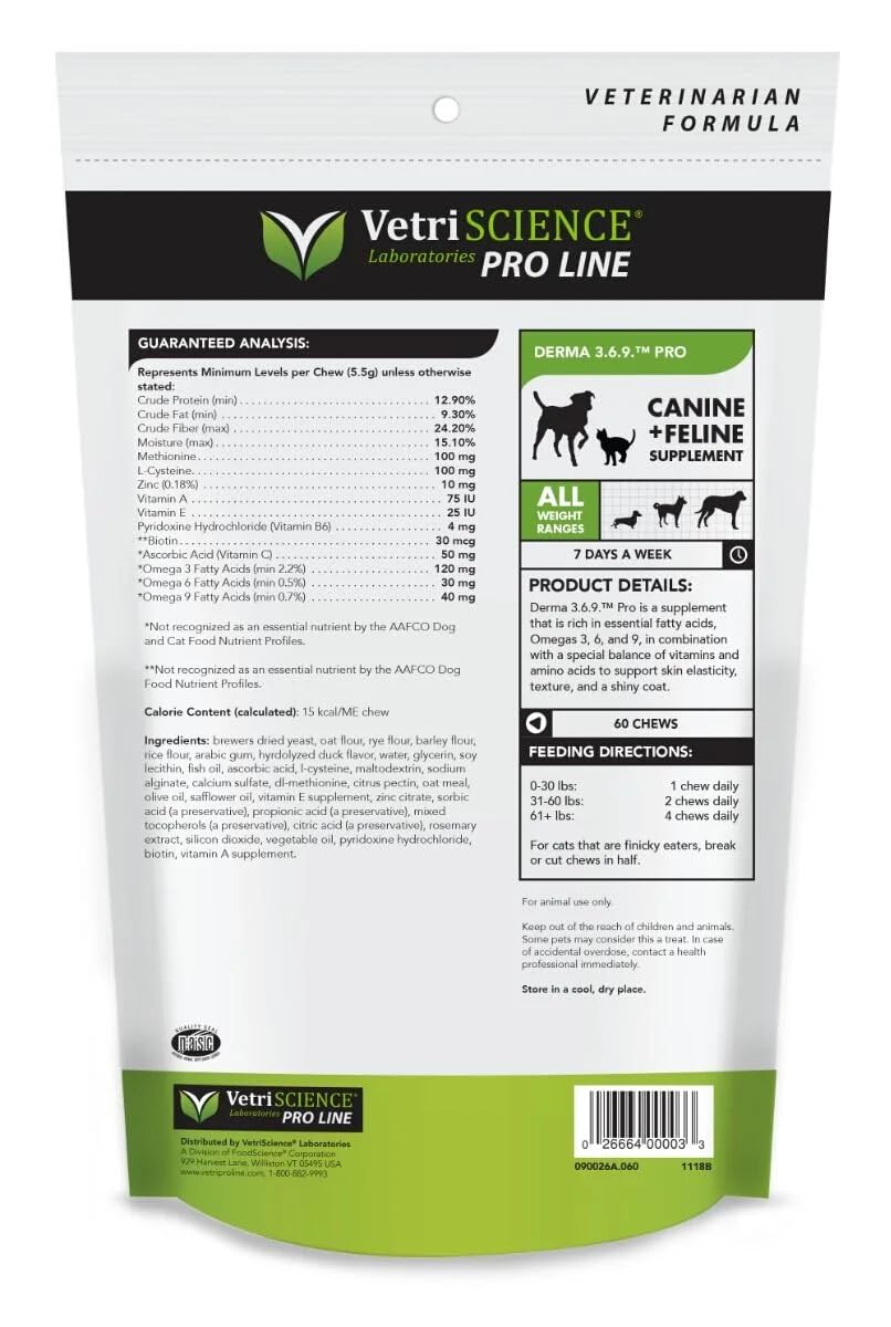 VetriScience Derma 3.6.9 Pro - Dog & Cat Skin Barrier Support Supplement - Aids Skin Hydration & Health - Supports Healthy Shedding for Cats & Dogs - Supplement Supports Healthy Coat - 60 Chews