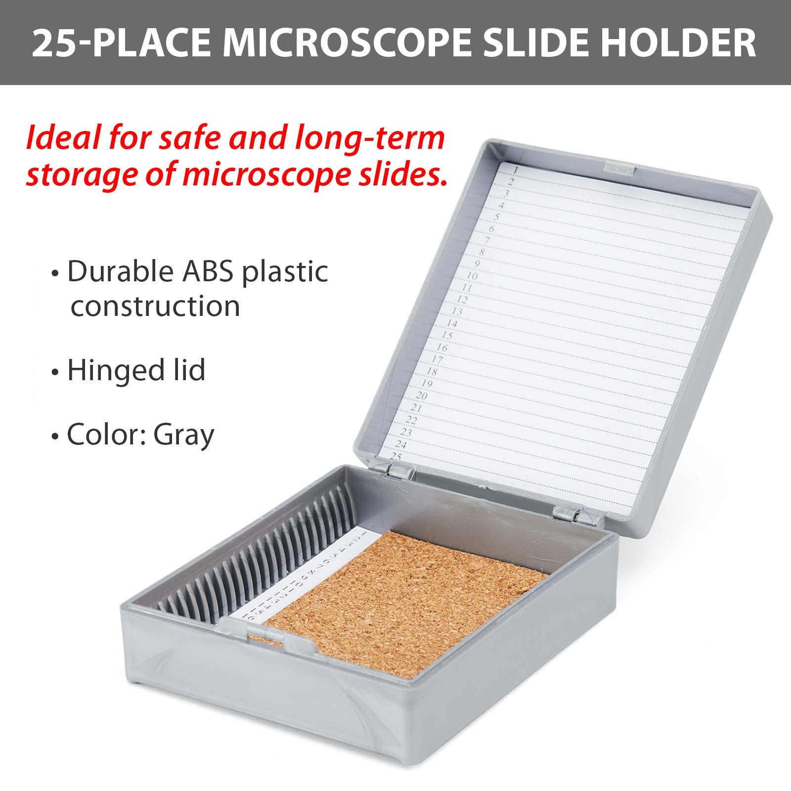 Globe Scientific 513075A ABS Plastic Cork Lined Slide Storage Box for 25 Slides, Gray