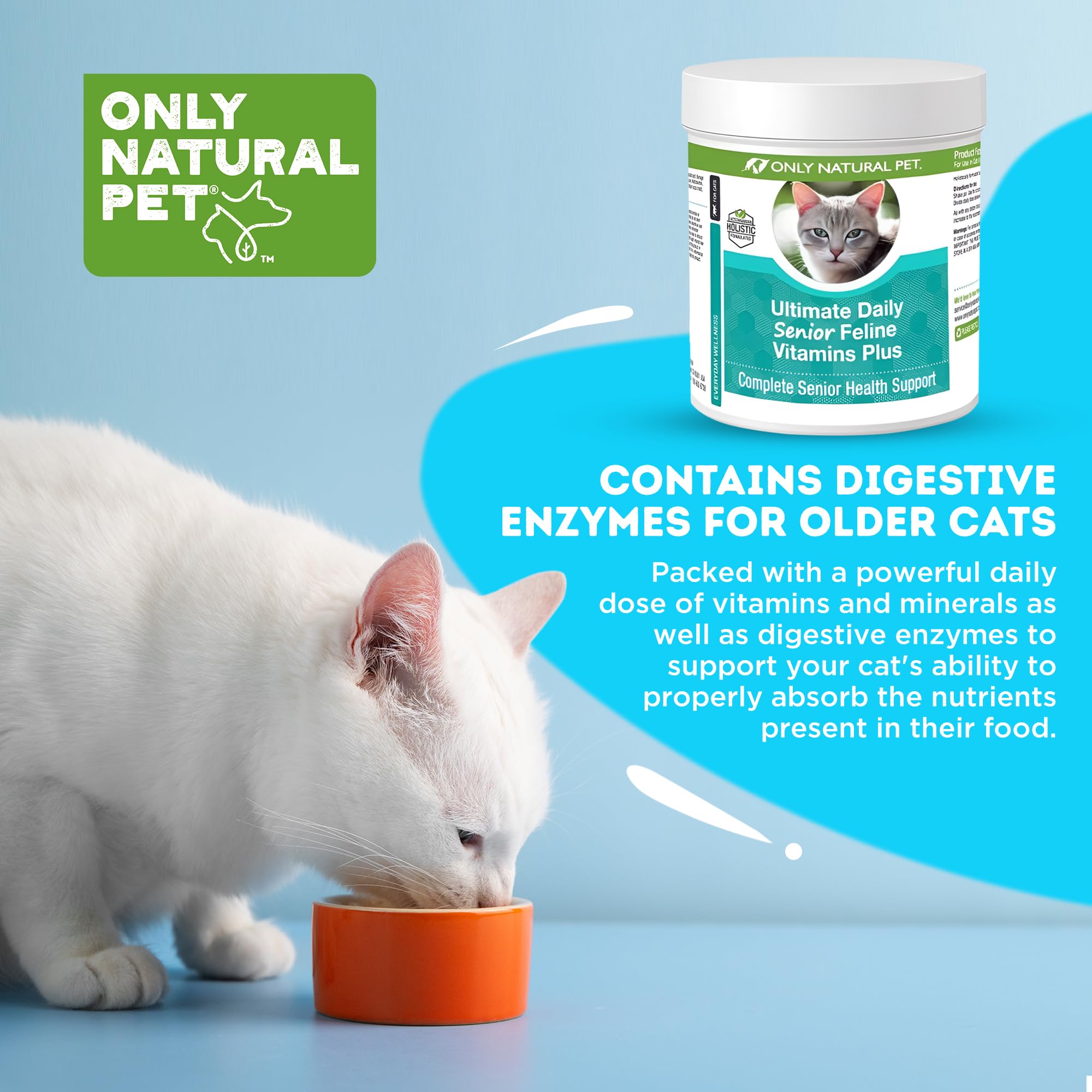 ONLY NATURAL PET Ultimate Daily Senior Feline Multivitamin w/Taurine & L-Lysine – Nutritional Supplement Powder for Adult & Older Cats – Immune & Joint Support – Complete Vitamin Formula, 3.2oz