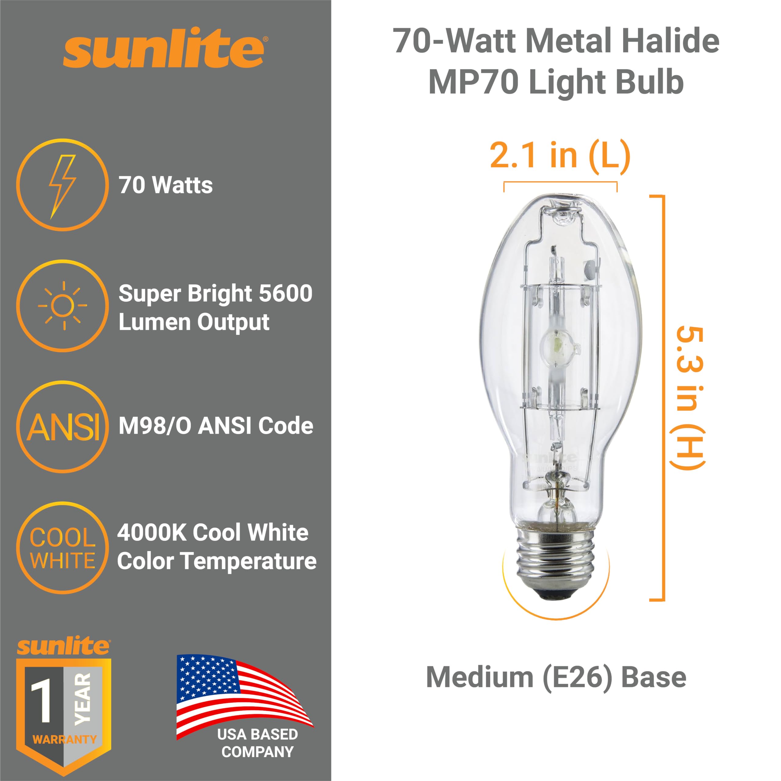 Sunlite MP70/U/MED/PS 03641-SU 70-watt Protected Metal Halide Bulb, Medium Base, Clear