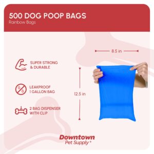 Downtown Pet Supply Poop Bags for Dogs with Dispenser, 500 Count - Leak-Proof Dog Waste Bags and Bone-Shaped Dog Poop Bags Holder for Leash - Rainbow of Colors, 12.5" x 8.5"