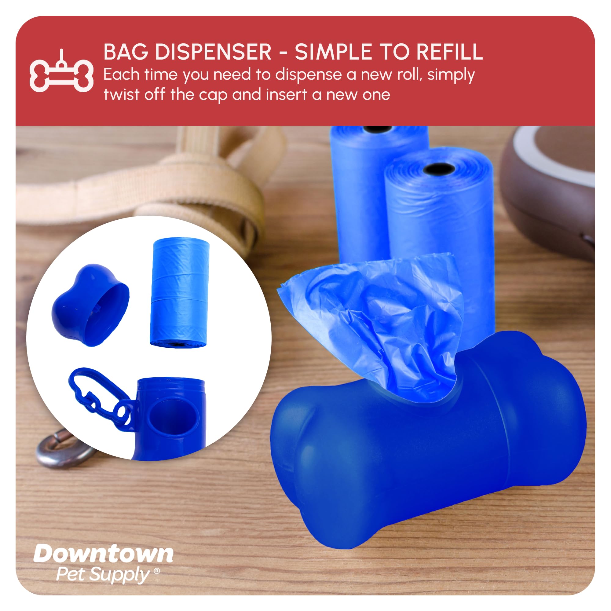 Downtown Pet Supply Poop Bags for Dogs with Dispenser, 500 Count - Leak-Proof Dog Waste Bags and Bone-Shaped Dog Poop Bags Holder for Leash - Rainbow of Colors, 12.5" x 8.5"