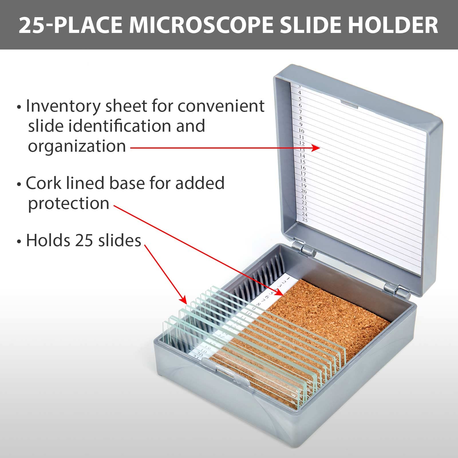 Globe Scientific 513075A ABS Plastic Cork Lined Slide Storage Box for 25 Slides, Gray