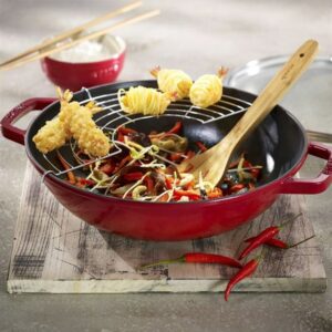 STAUB Cast Iron Wok with Glass Lid and Removable Grill, Ø 30 cm, 4.40 L, Cherry