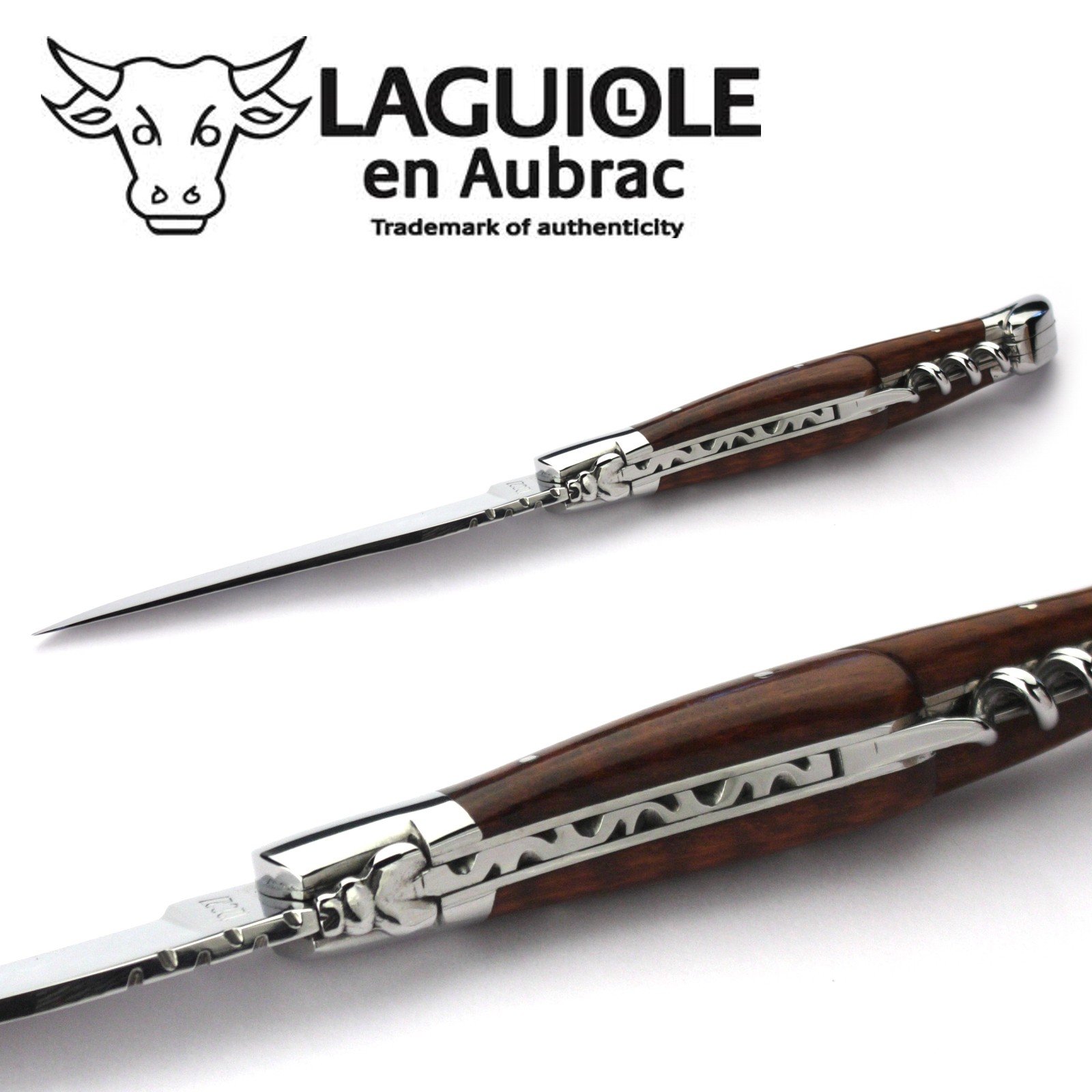 Laguiole en Aubrac Handmade Knife 12 cm Corkscrew L0312AMIF Snakewood Handle, Blade and bolsters Stainless Steel Shiny