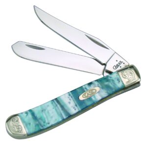 case cutlery 9207cl/e engraved cloudland mini trapper corelon pocket knife with stainless steel blades, blue/green/white