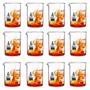 eisco premium 250 ml beakers, pack of 12 - low form griffin - 50ml graduations - borosilicate glass - excellent strength against breakage