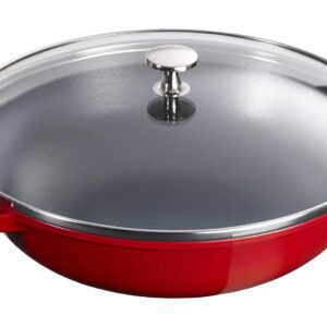 STAUB Cast Iron Wok with Glass Lid and Removable Grill, Ø 30 cm, 4.40 L, Cherry