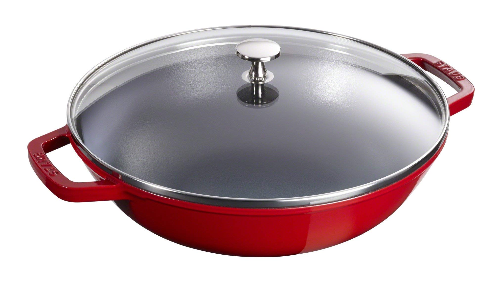 STAUB Cast Iron Wok with Glass Lid and Removable Grill, Ø 30 cm, 4.40 L, Cherry