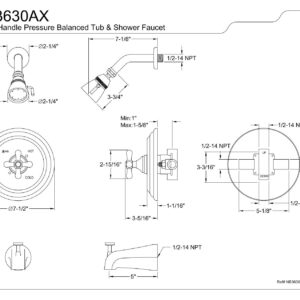 Kingston Brass NB3630AX Water Onyx Pressure Balanced Tub & Shower Faucet with Metal Cross Handle, Black Stainless Steel