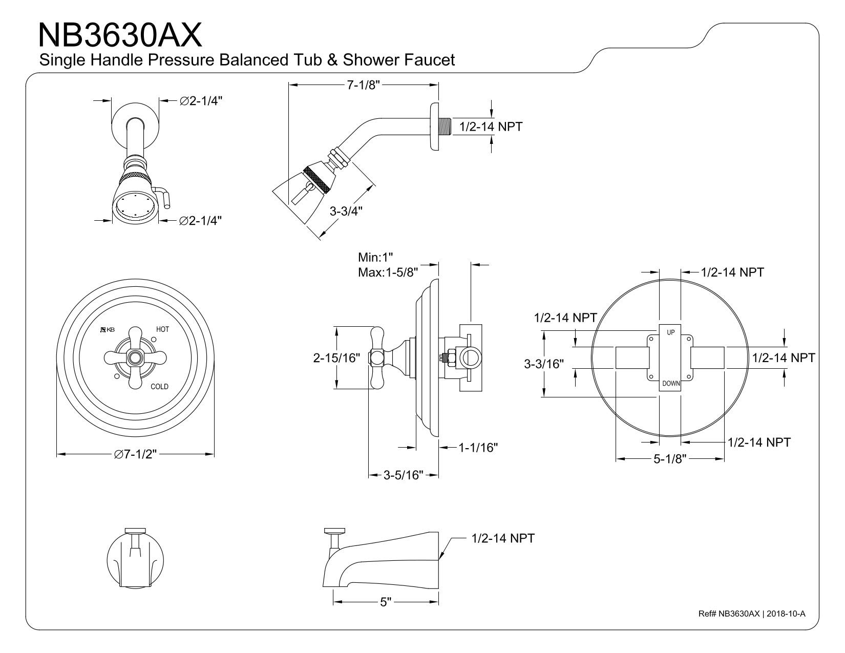 Kingston Brass NB3630AX Water Onyx Pressure Balanced Tub & Shower Faucet with Metal Cross Handle, Black Stainless Steel