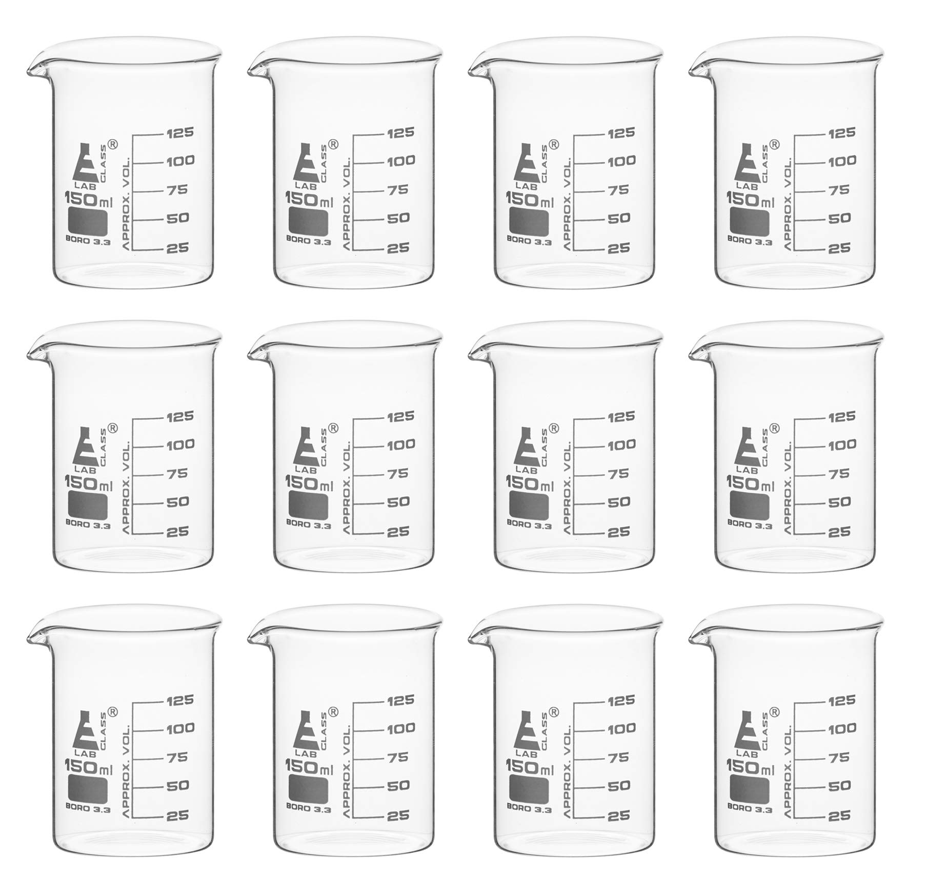 EISCO 12PK Beakers, 150mL - Low Form with Spout - White, 25mL Graduations - Borosilicate 3.3 Glass