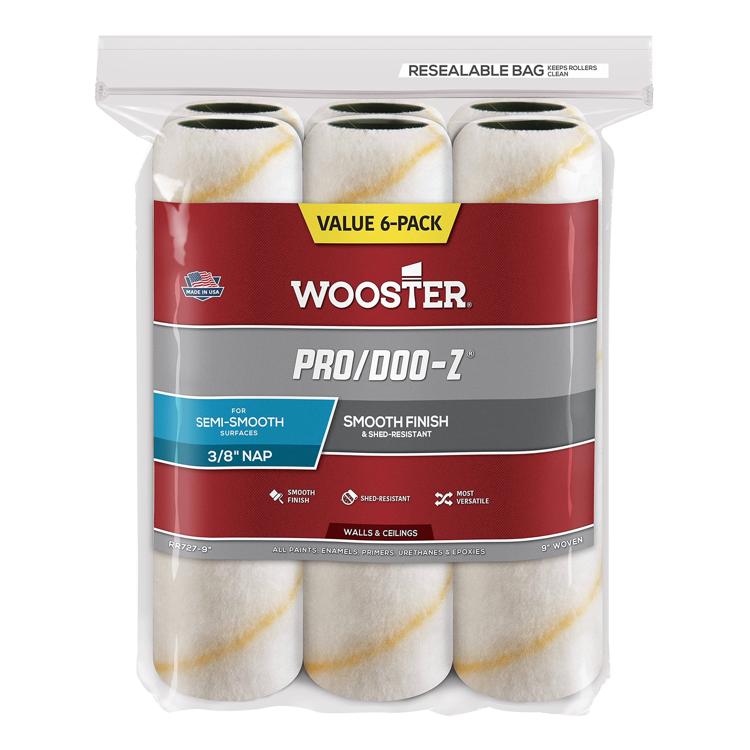 Wooster Brush RR727-9 Pro/Doo-Z Nap Rollers, 3/8-Inch, 6-Pack , White