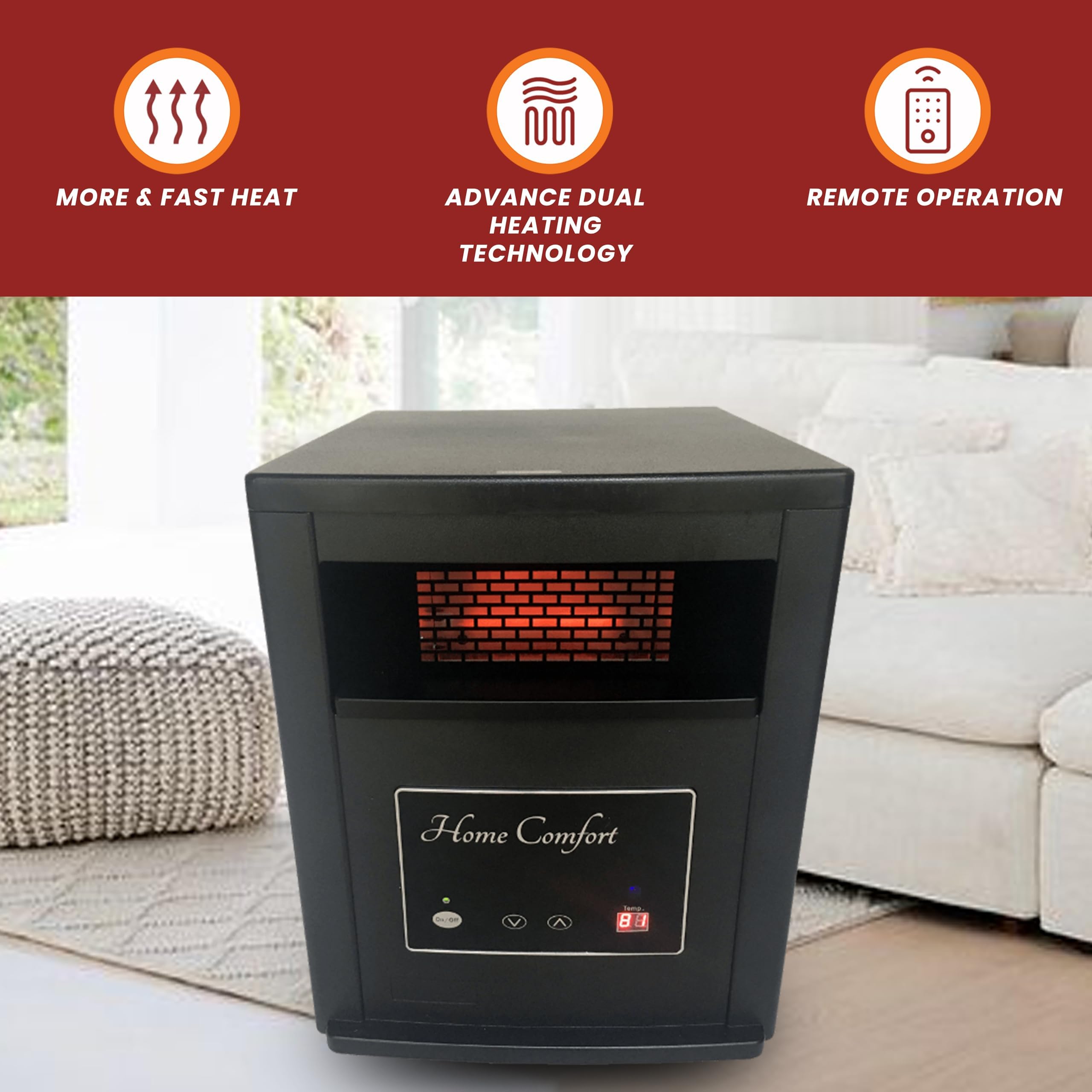 Home Comfort 1500w Infrared Heater - Energy Efficient Space Heater for Year-Round Indoor Warmth, With Thermostat and Remote Control, Portable Warmer for Bedroom, Living and Large Spaces - Black, 1500W