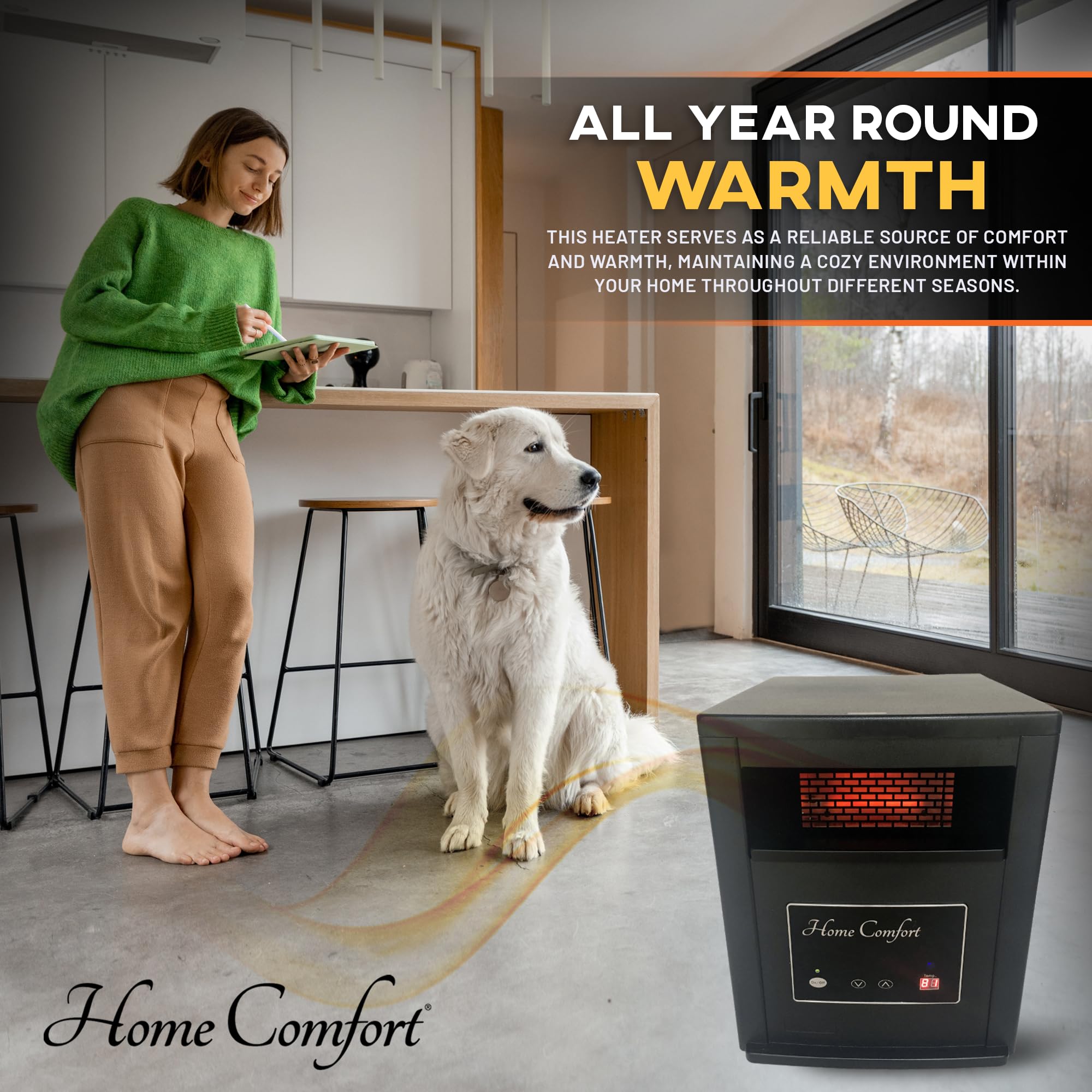 Home Comfort 1500w Infrared Heater - Energy Efficient Space Heater for Year-Round Indoor Warmth, With Thermostat and Remote Control, Portable Warmer for Bedroom, Living and Large Spaces - Black, 1500W