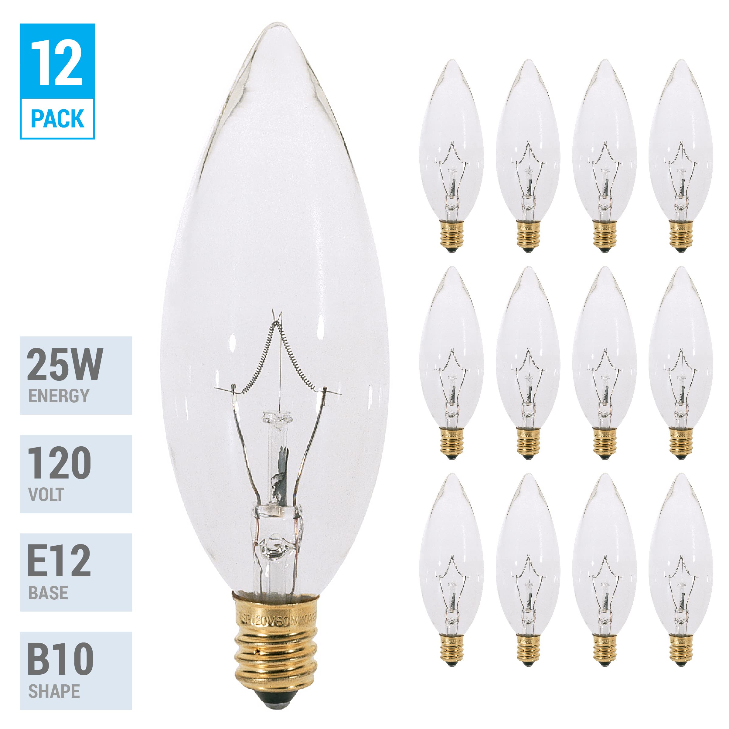 (Pack of 12) 25 Watt CTC Clear Candelabra Base (E12) Straight Torpedo Tip 120V Incandescent Chandelier Light Bulbs