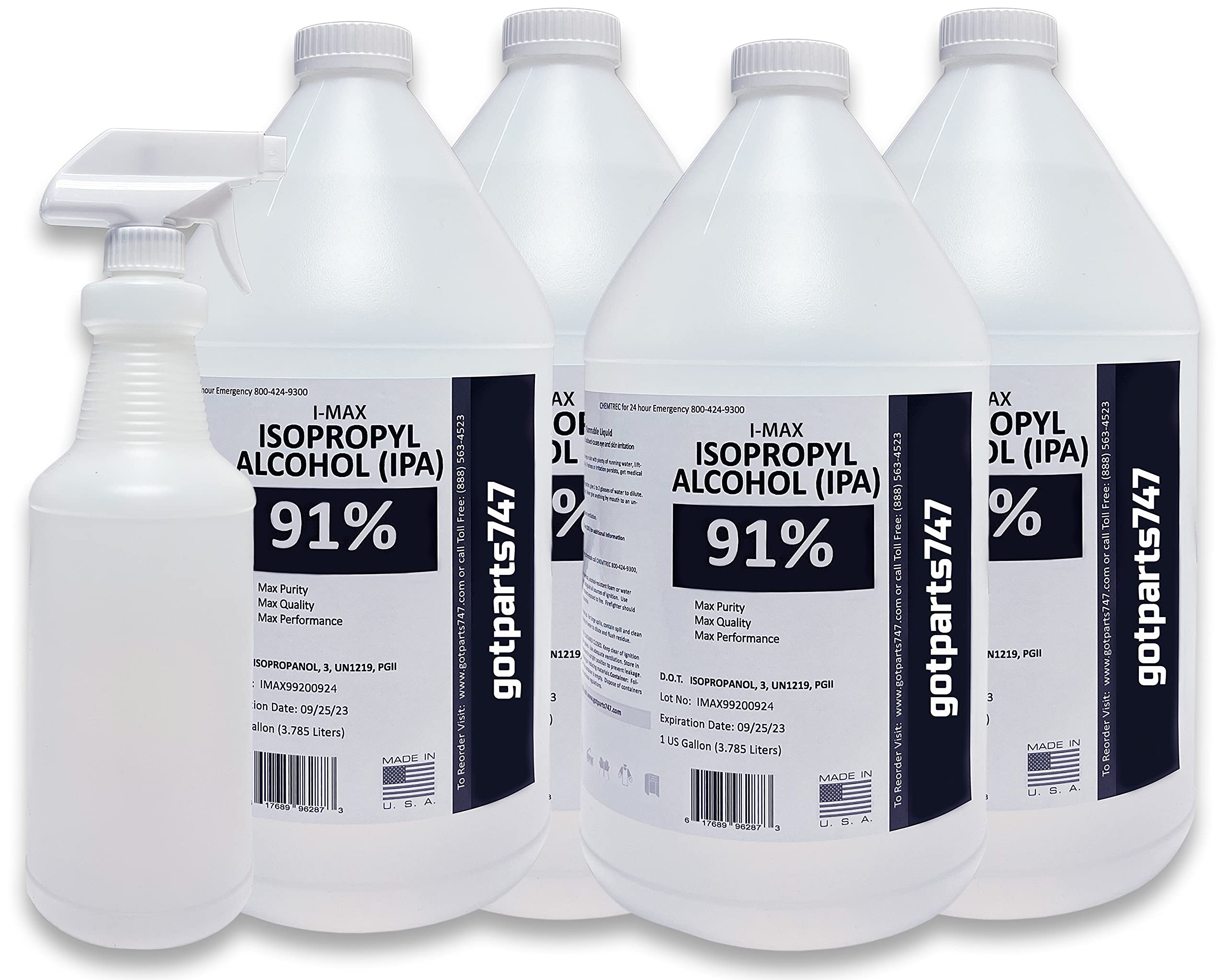 Isopropyl Alcohol - IPA 91% (4-1 Gallon) High Purity - Made in USA - Includes an Empty Trigger Spray Bottle