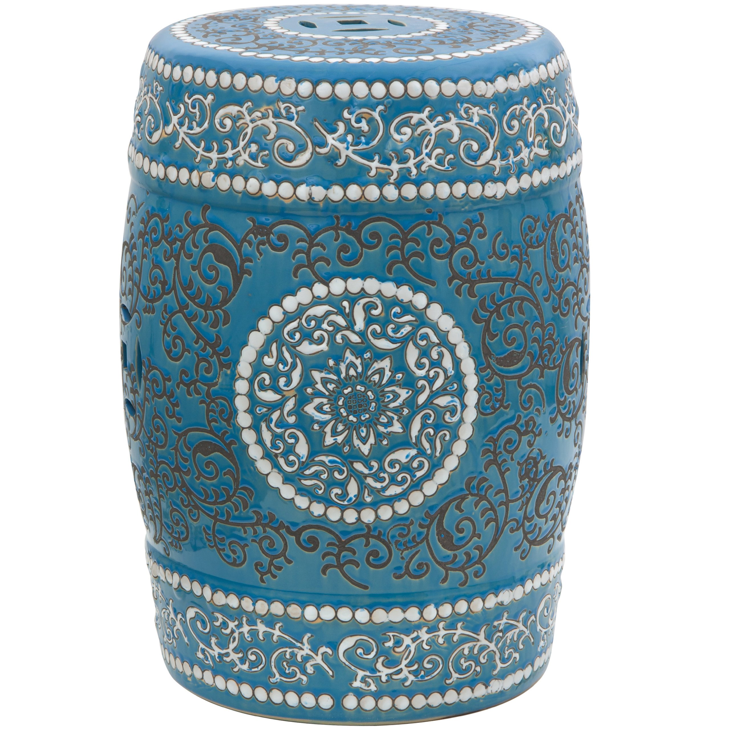 Red Lantern Blue Medallion Porcelain Garden Stool Seating, 18" high