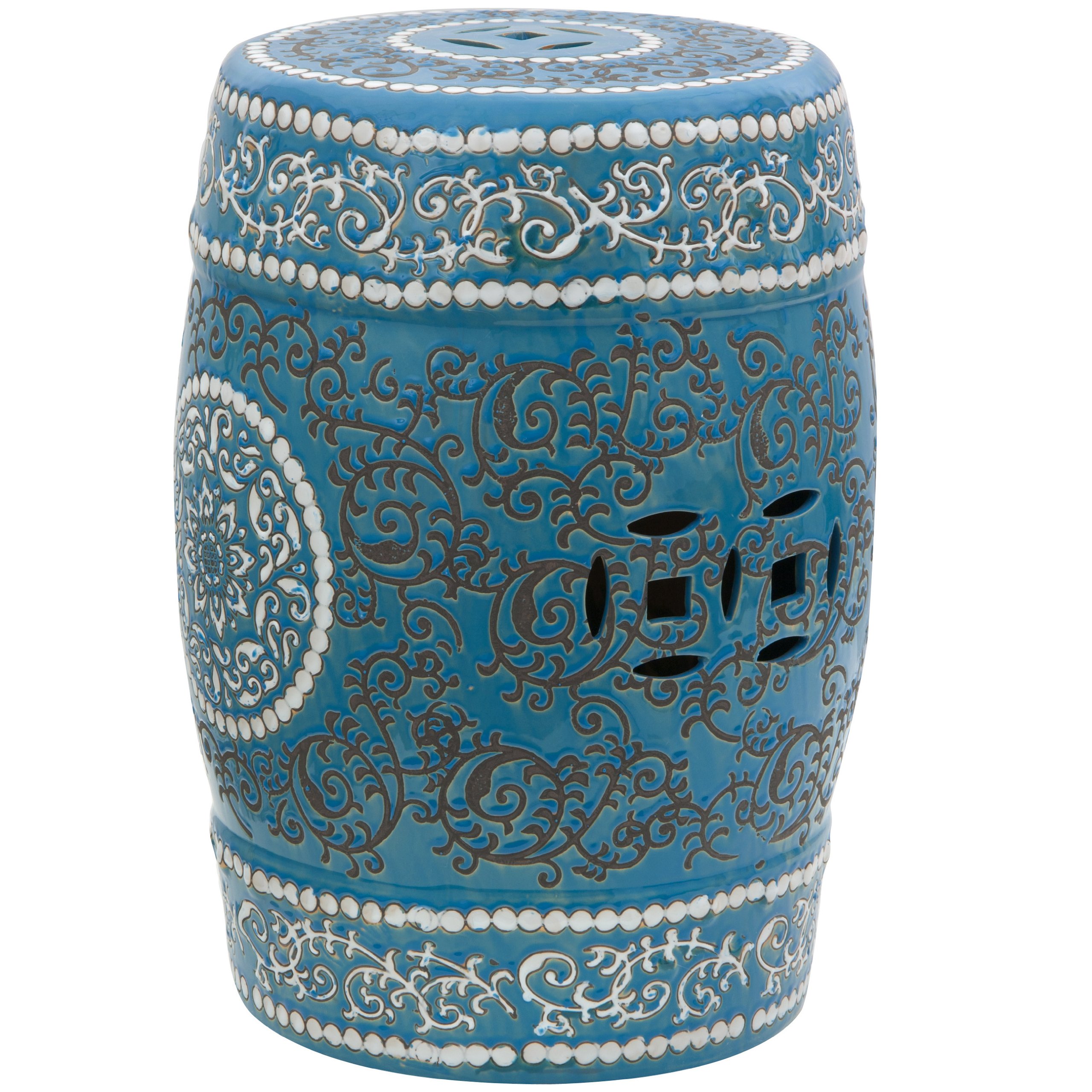 Red Lantern Blue Medallion Porcelain Garden Stool Seating, 18" high