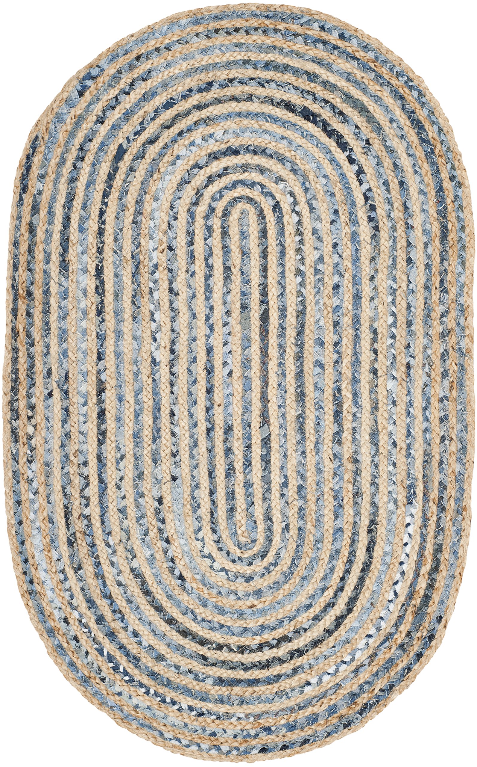 SAFAVIEH Cape Cod Collection Area Rug - 8' x 10' Oval, Natural & Blue, Handmade Flat Weave Jute, Ideal for High Traffic Areas in Living Room, Bedroom (CAP250A)