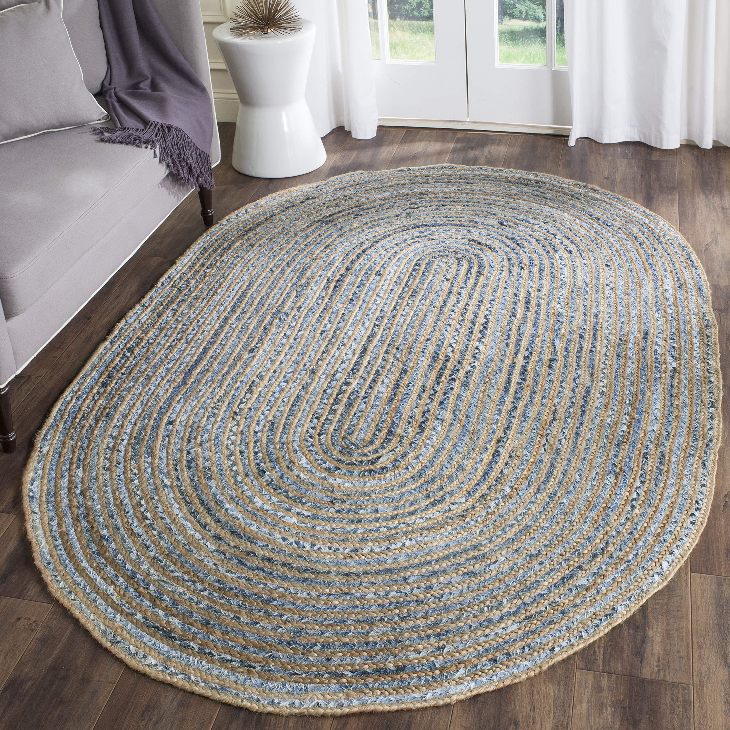 SAFAVIEH Cape Cod Collection Area Rug - 8' x 10' Oval, Natural & Blue, Handmade Flat Weave Jute, Ideal for High Traffic Areas in Living Room, Bedroom (CAP250A)