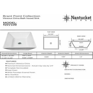 Nantucket Sinks NSV109 16-Inch Square Ceramic Vessel Pyramid Vanity Bathroom Sink, White