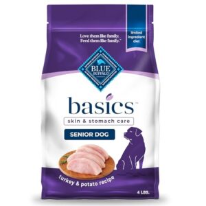 blue buffalo basics grain-free senior dry dog food, skin & stomach care, limited ingredient diet, turkey recipe, 4-lb. bag