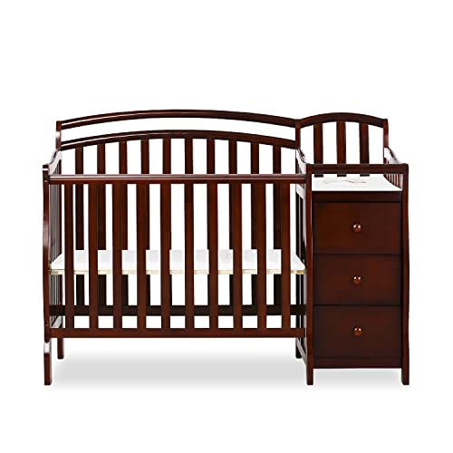 Dream On Me Casco 3-In-1 Mini Crib And Changing Table In Espresso, Convertible Crib, Made Of Pinewood, Three Position Adjustable Mattress Height Settings