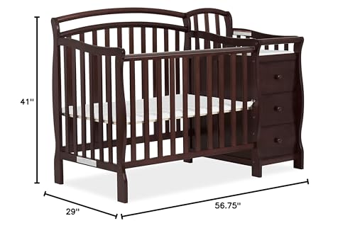 Dream On Me Casco 3-In-1 Mini Crib And Changing Table In Espresso, Convertible Crib, Made Of Pinewood, Three Position Adjustable Mattress Height Settings