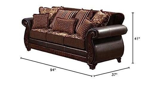 Furniture of America Esmeralda Fabric and Leatherette Sofa, Dark Brown Finish