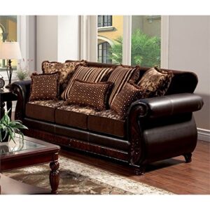 Furniture of America Esmeralda Fabric and Leatherette Sofa, Dark Brown Finish