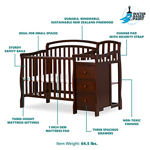 Dream On Me Casco 3-In-1 Mini Crib And Changing Table In Espresso, Convertible Crib, Made Of Pinewood, Three Position Adjustable Mattress Height Settings