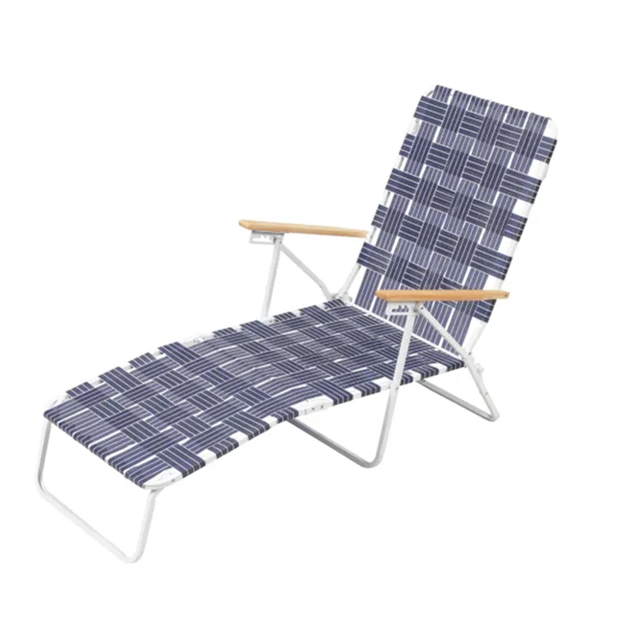 RIO Brands High Back Outdoor Folding Chaise Lounge Chair with Blue Woven Webbing, White Powder Coated Steel Frame and Hardwood Armrests, Blue (2 Pack)