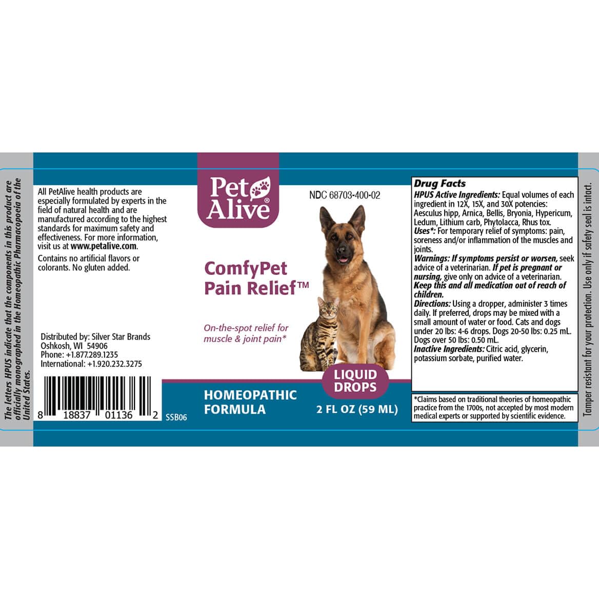 PetAlive ComfyPet Pain Relief - Natural Homeopathic Formula for Minor Aches and Pains in Dogs and Cats - Temporarily Reduces Minor Discomfort in The Muscles and Joints - 59 mL