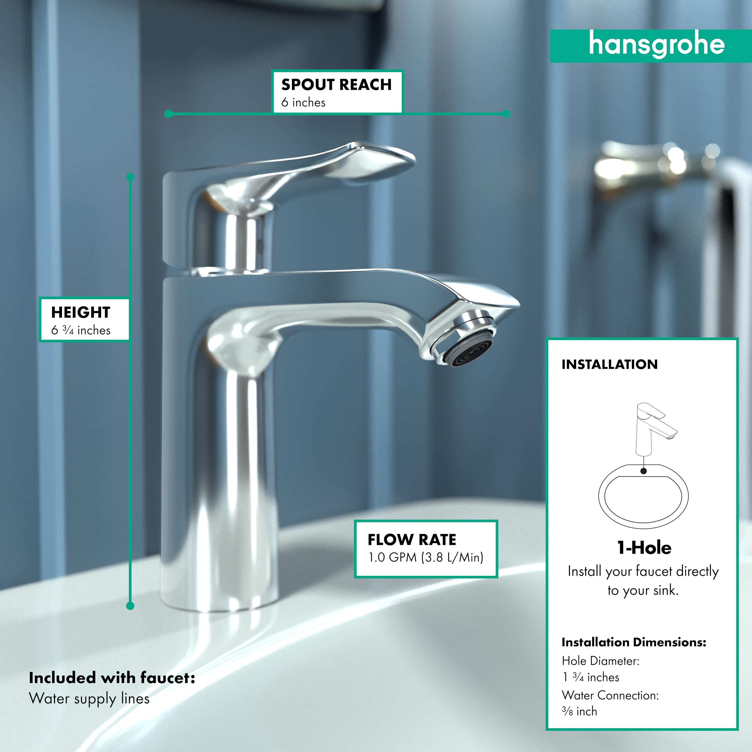 hansgrohe Metris Modern Timeless Easy Clean 1-Handle 1 7-inch Tall Bathroom Sink Faucet in Chrome, 31204001