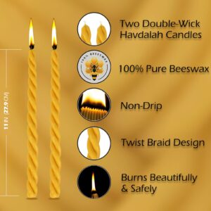 Ner Mitzvah Braided Beeswax Havdalah Candle - 2 Pack - 10" Hand Dipped Bees Wax Braided Candle - Thick Round Twist Braid - Shabbat Judaica Gift