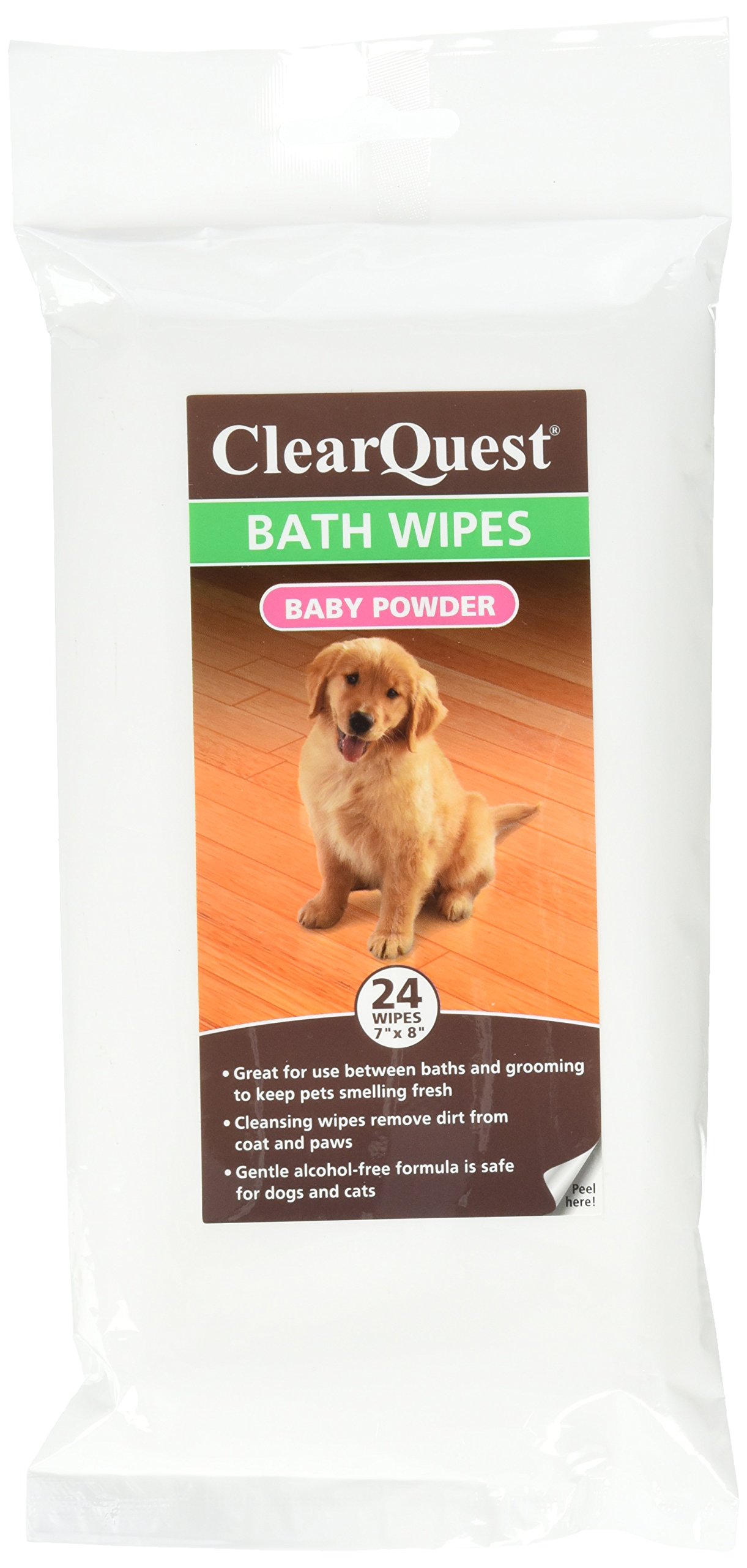 ClearQuest Bath Wipes - Alcohol-Free Wipes for Cleaning and Deodorizing Dogs and Cats Between Baths - Baby Powder, 24-Pack