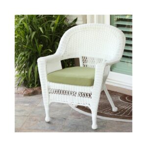 jeco white wicker chair with green cushion