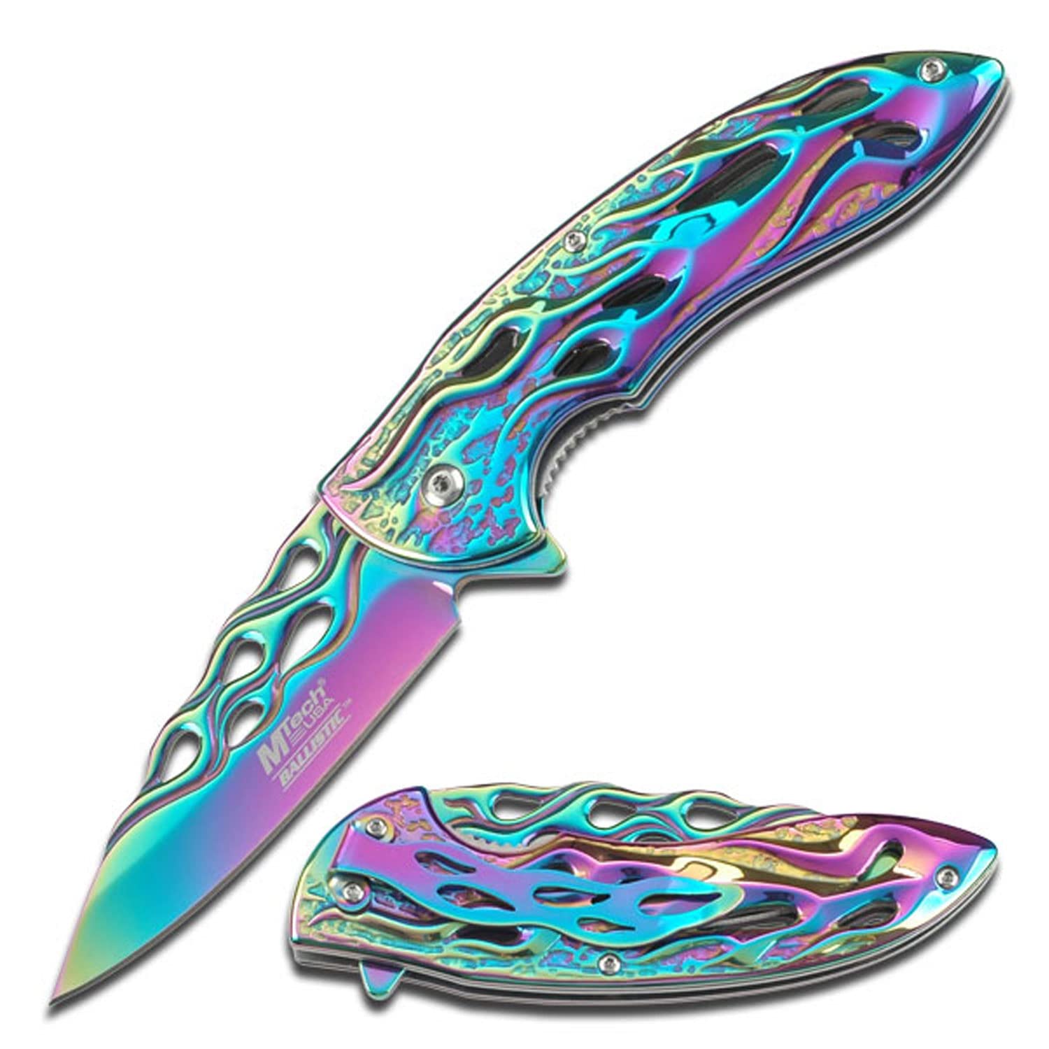 MTech USA MT-A822RB Spring Assist Folding Knife, Rainbow Blade, Rainbow Flame Handle, 4.75-Inch Closed