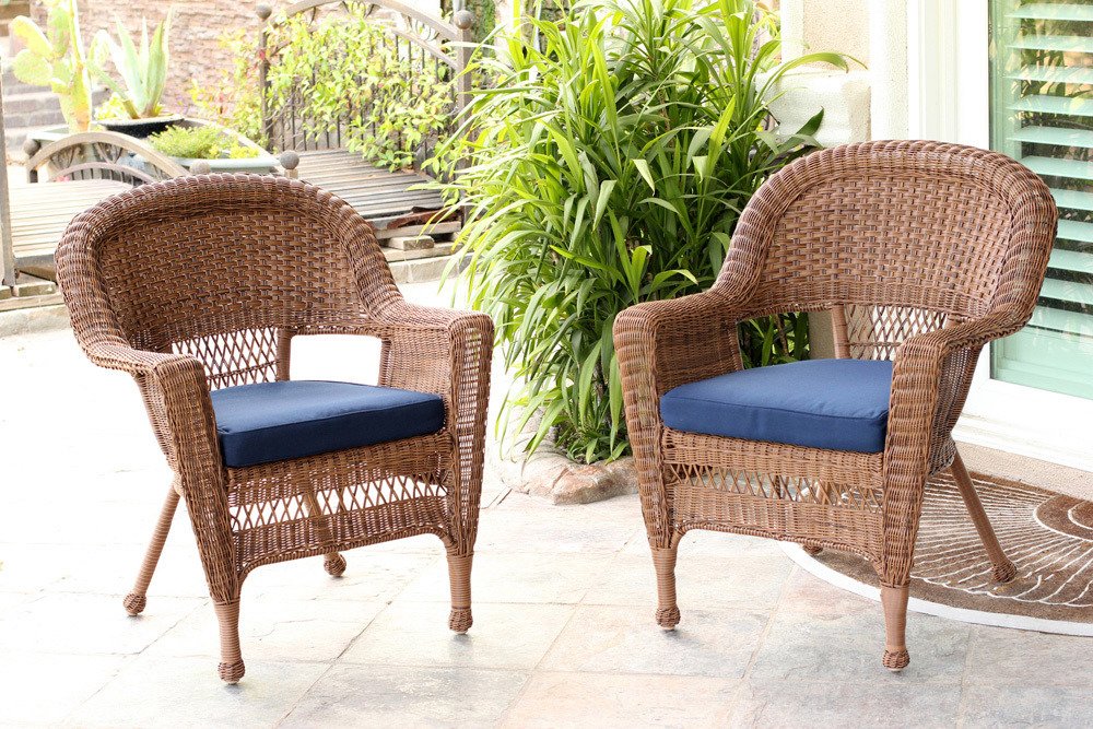 Jeco Wicker Chair in Honey with Blue Cushion (Set of 2)