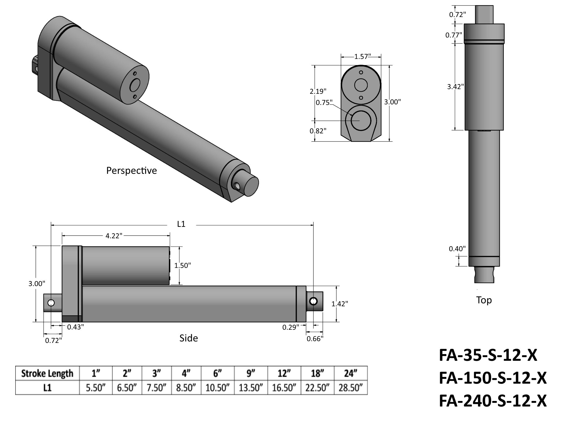 Firgelli Automations 3" Stroke Light Duty Linear Actuator 200 lbs Force