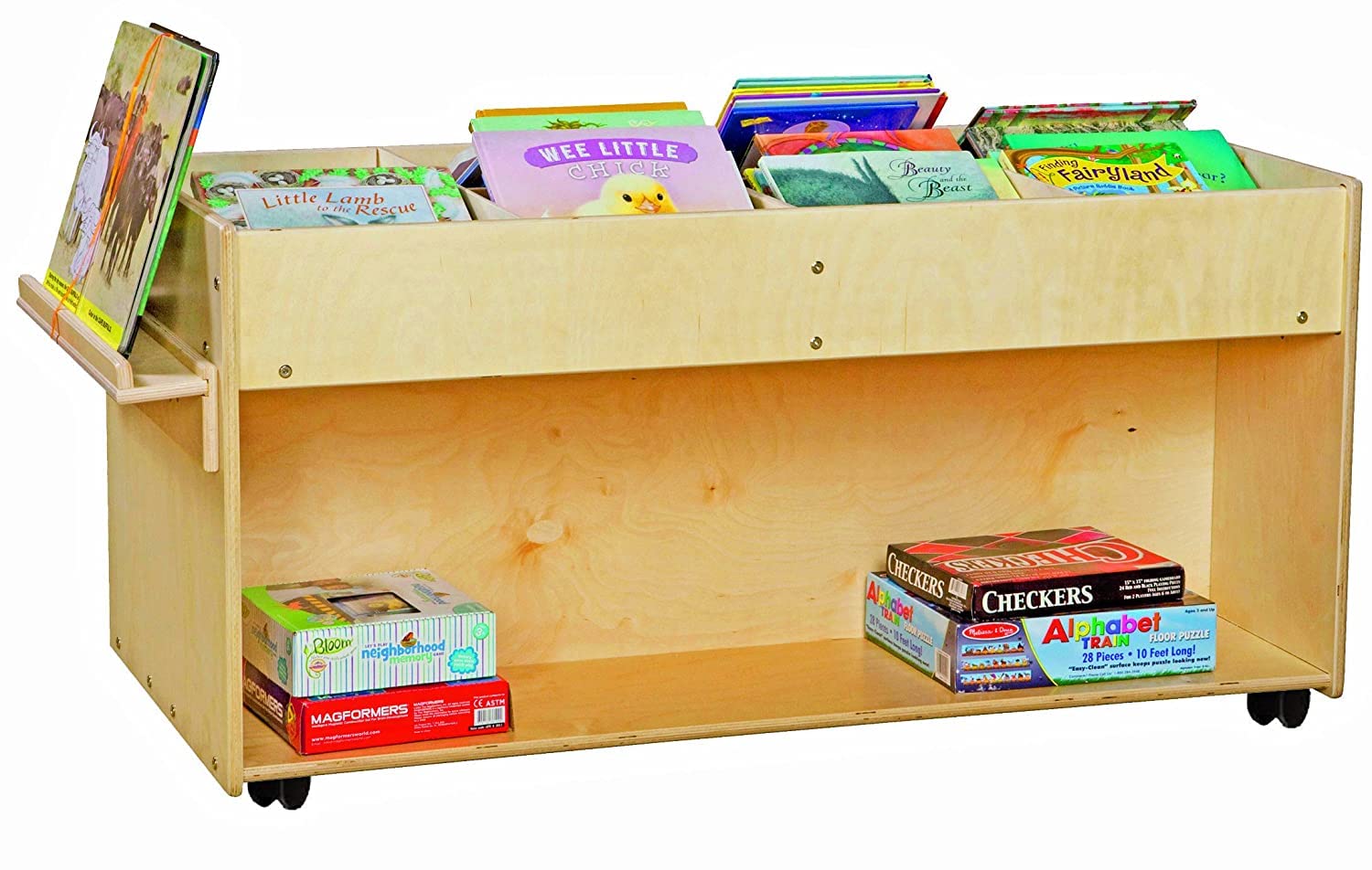 Contender 8 Section Top Sided Mobile Book Organizer with Side Easel For Toddlers, Bookcase for Home, Classroom, Daycare, Montessori Shelf in Natural Finish